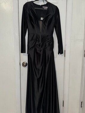Black satin maxi dress with silver sequin detailing and long sleeves